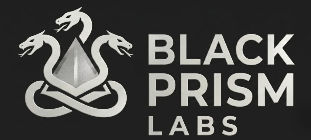 Black Prism Labs logo featuring a three-headed dragon wrapped around a silver prism, with bold text to the right reading BLACK PRISM LABS.