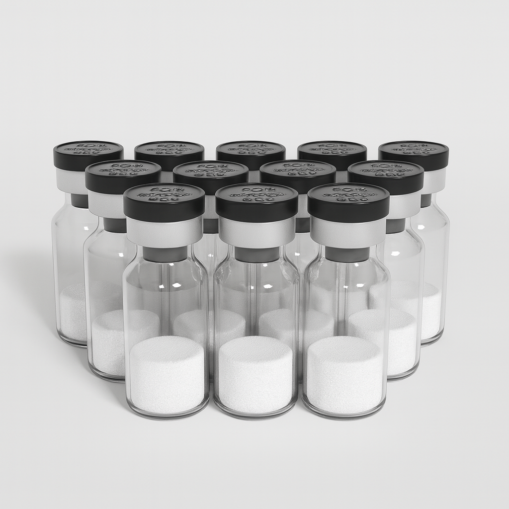 Multiple clear glass research vials with silver caps and Human Growth Hormone powder inside, arranged in rows.