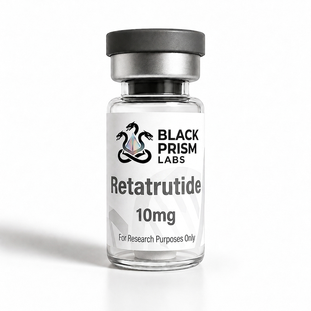 Glass vial labeled 'Black Prism Labs' with three-headed logo and 'Retatrutide 10mg'—For Research Purposes Only—on a white background.