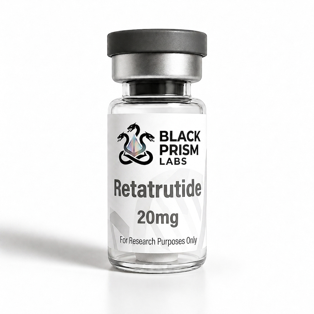 Clear glass vial labeled Black Prism Labs Retatrutide 20mg for research purposes only, set against a white background.