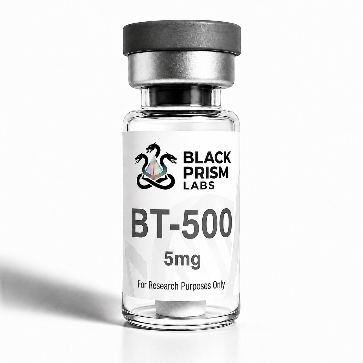 Clear glass vial labeled BT-500 5mg from Black Prism Labs, for research purposes only.