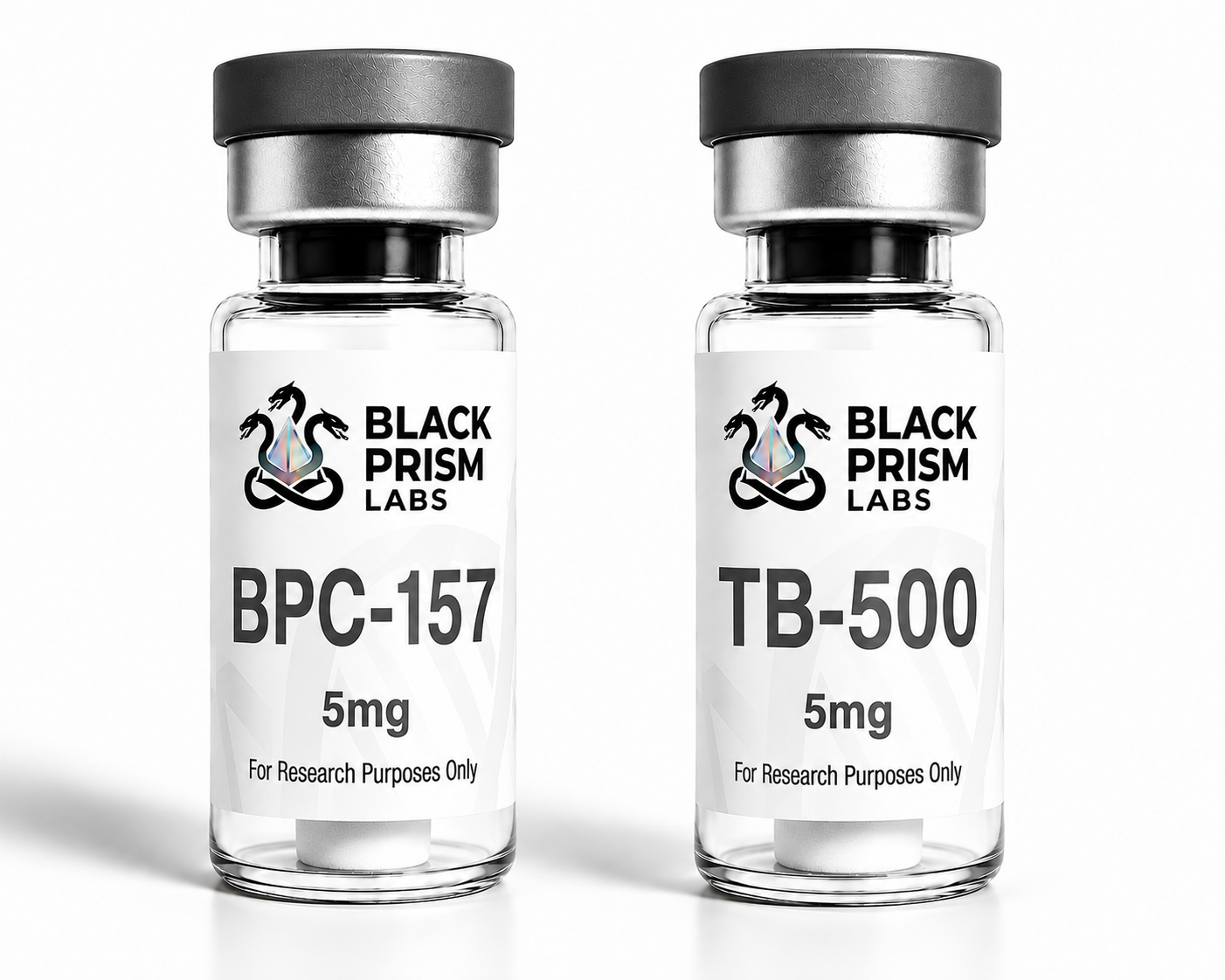 Two glass vials labeled BPC-157 and TB-500 from Black Prism Labs, each 5mg, for research purposes only.