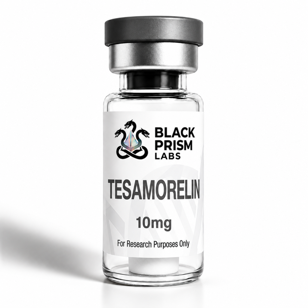 Glass vial with a metallic cap labeled Tesamorelin 10mg for Research Purposes Only from Black Prism Labs.