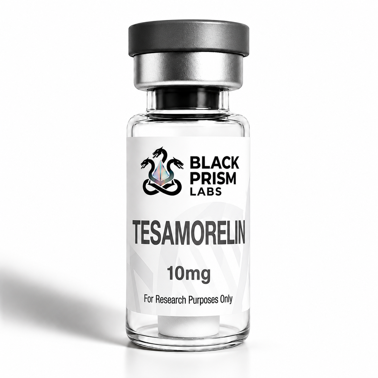Glass vial with a metallic cap labeled Tesamorelin 10mg for Research Purposes Only from Black Prism Labs.