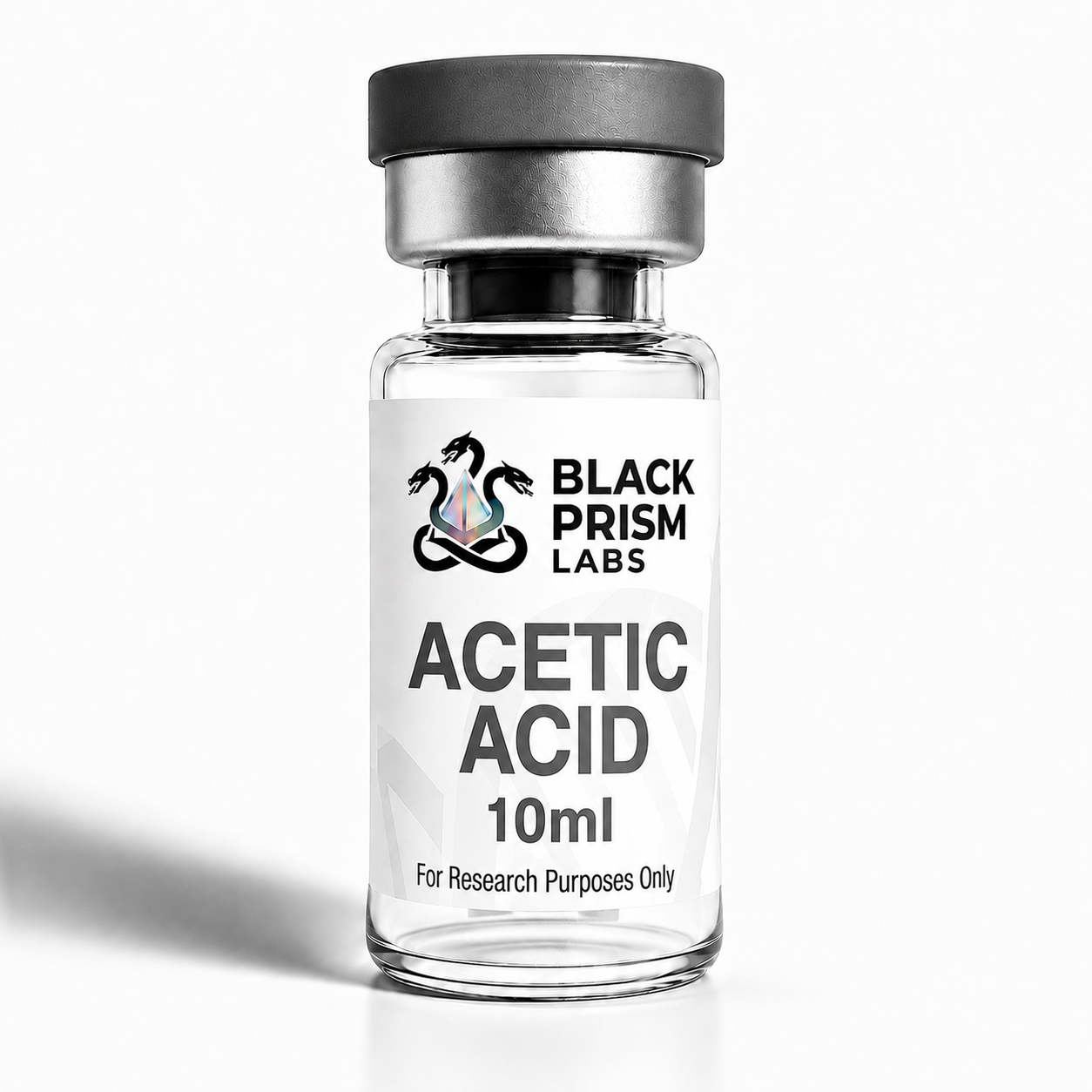Clear glass vial with gray cap, label reads 'Acetic Acid 10ml' from Black Prism Labs.