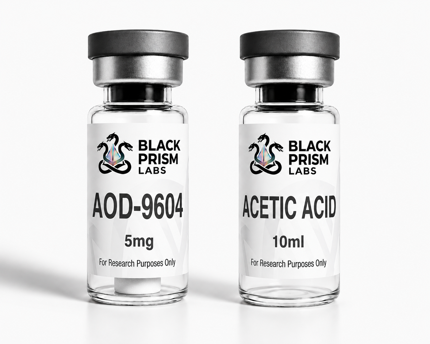 Two clear glass vials with silver caps, labeled AOD-9604 and Acetic Acid, from Black Prism Labs; 'For Research Purposes Only' noted on the labels.
