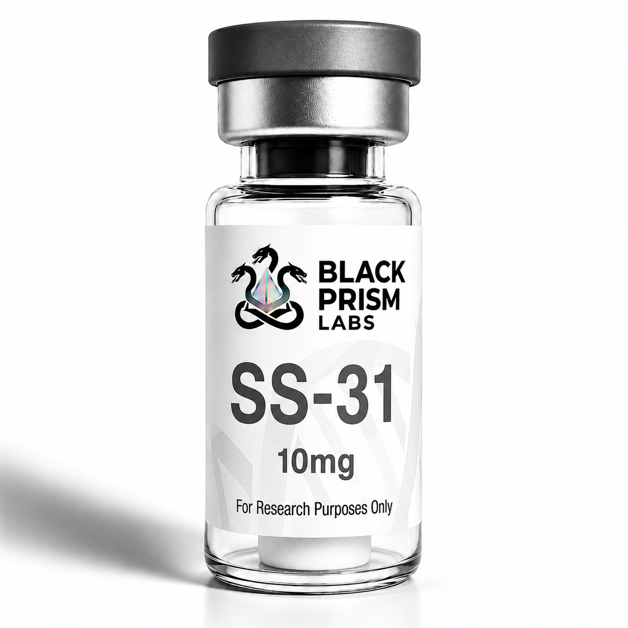 Clear glass vial labeled SS-31 10 mg from Black Prism Labs, for research purposes only