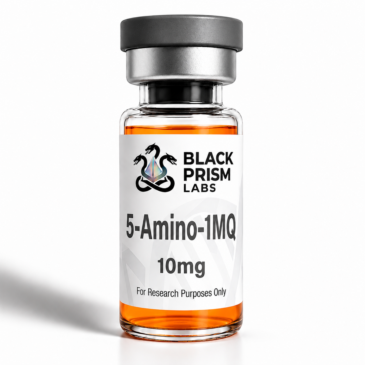 Glass vial with orange liquid and a white label reading 'Black Prism Labs', '5-Amino-1MQ', '10mg', 'For Research Purposes Only'