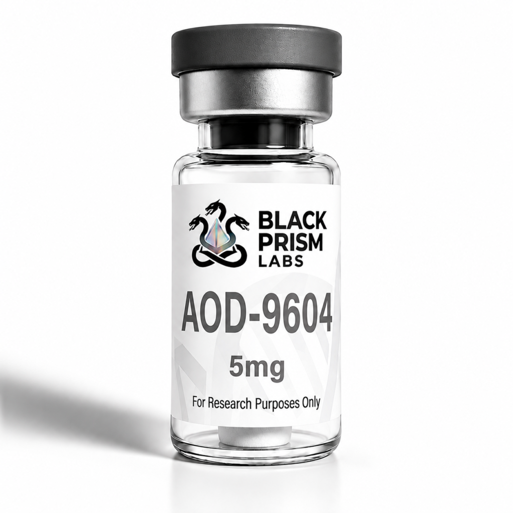 AOD10 - Black Prism labs Clear glass vial with a metallic cap; label reads Black Prism Labs AOD-9604 5mg, For Research Purposes Only