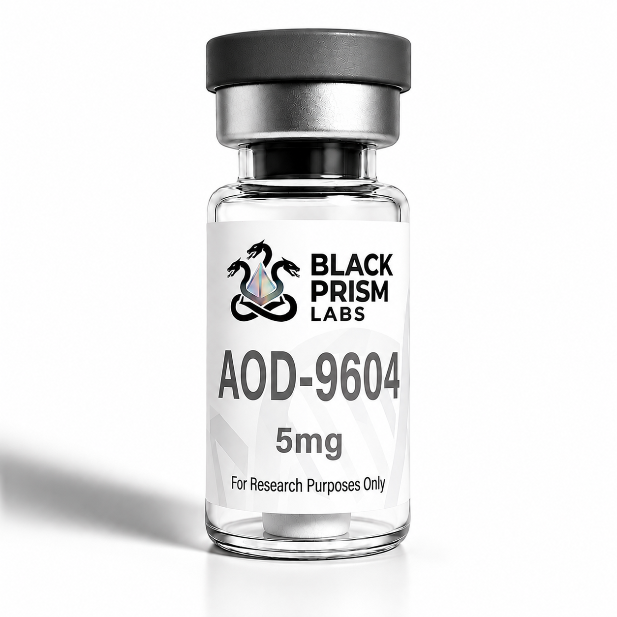 Clear glass vial with a metallic cap; label reads Black Prism Labs AOD-9604 5mg, For Research Purposes Only