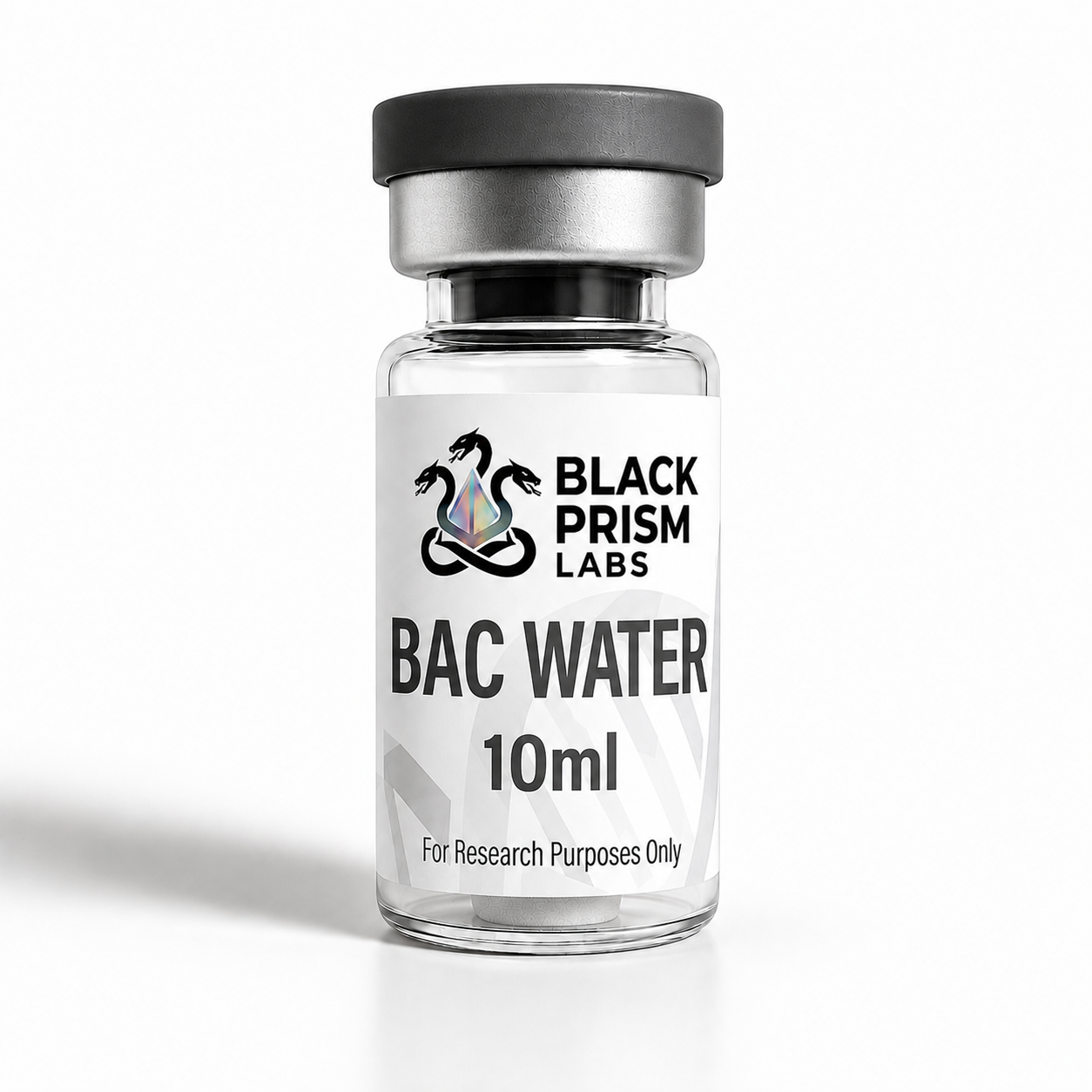 Bottle labeled Black Prism Labs BAC Water 10ml for research purposes only