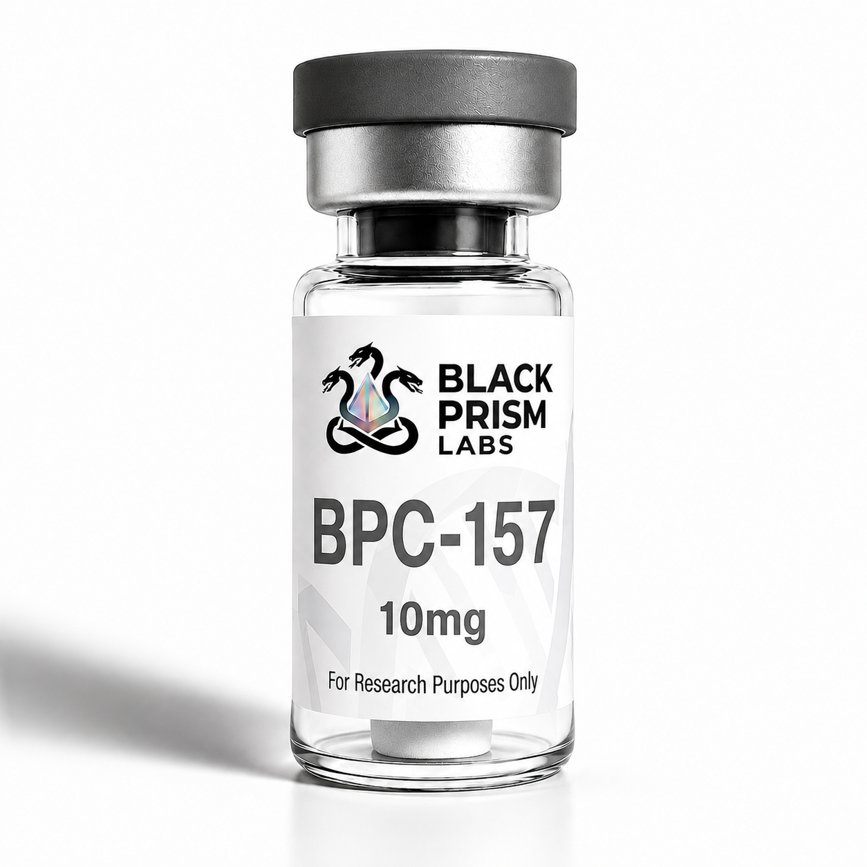 Vial labeled BPC-157 10mg from Black Prism Labs for research use only.