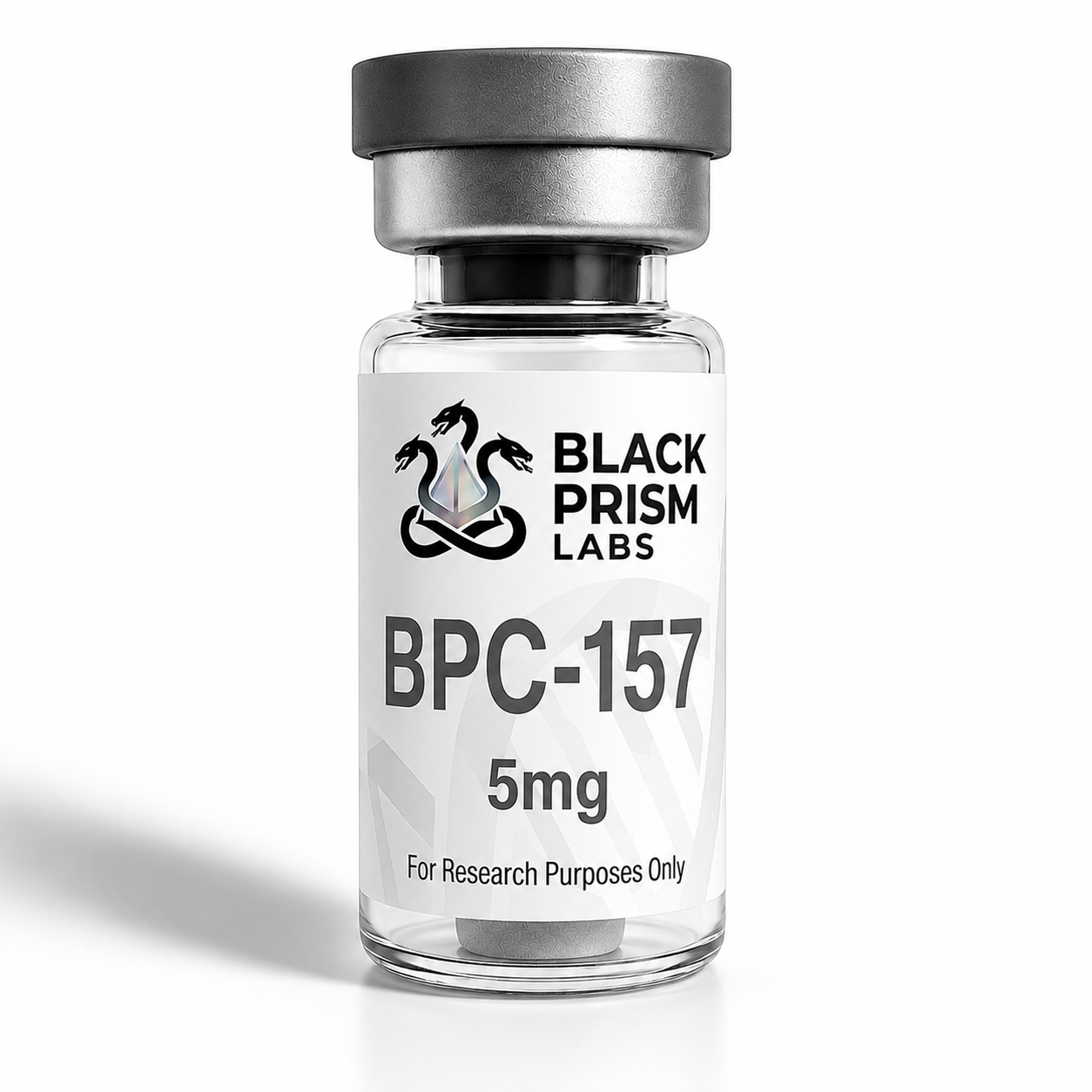 Glass vial with a metallic cap, labeled 'BPC-157 5mg' from Black Prism Labs for research use only.