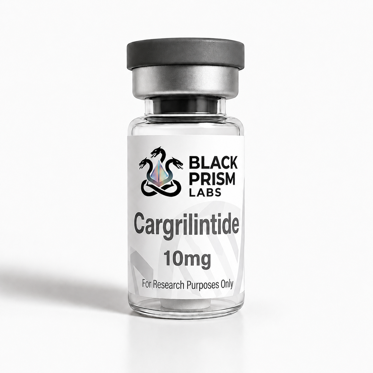 Clear glass medicine bottle with a gray cap, labeled Black Prism Labs, Cargrlintide 10mg, For Research Purposes Only