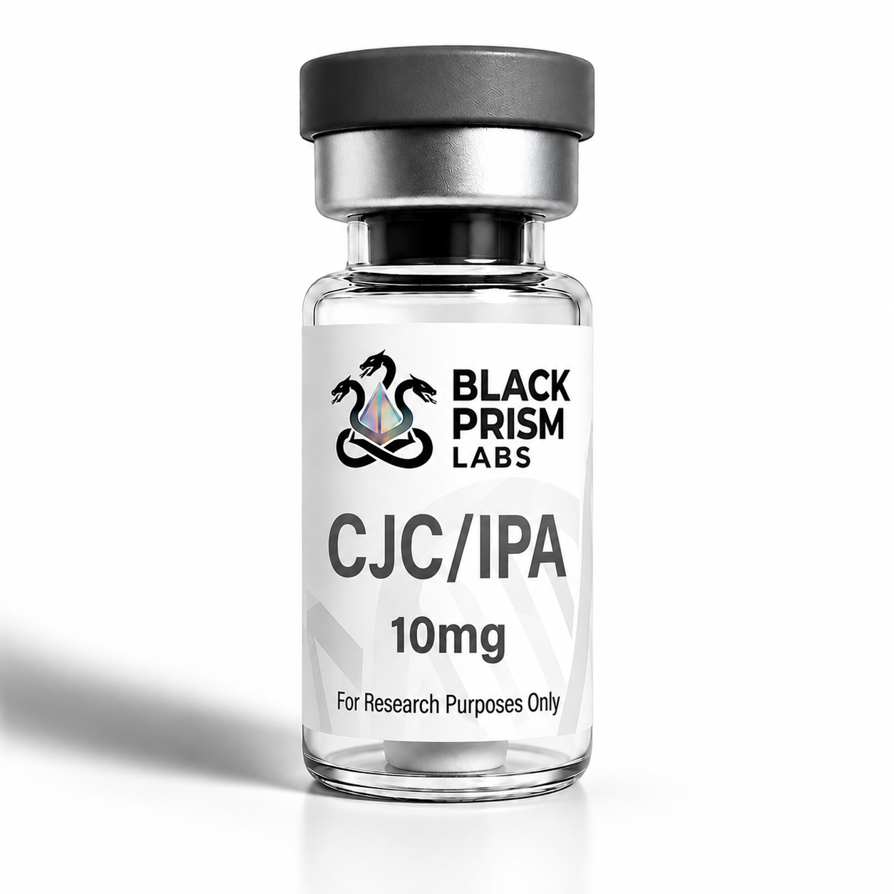 Clear glass bottle with a gray cap and a label reading 'Black Prism Labs' and 'CJ/C/IPA 10mg'—'For Research Purposes Only'