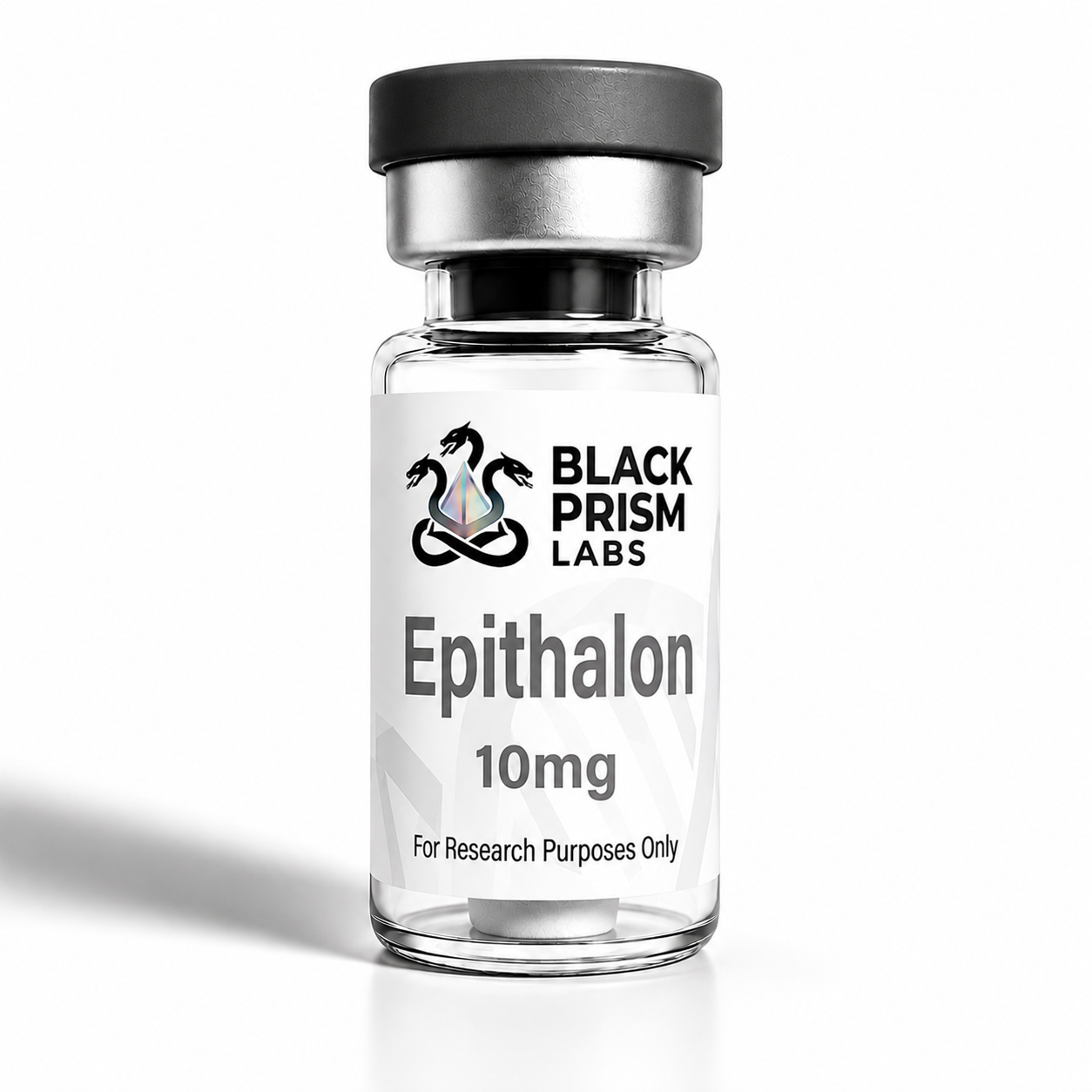Glass bottle with a black cap labeled Epithalon 10mg from Black Prism Labs, for research purposes only]