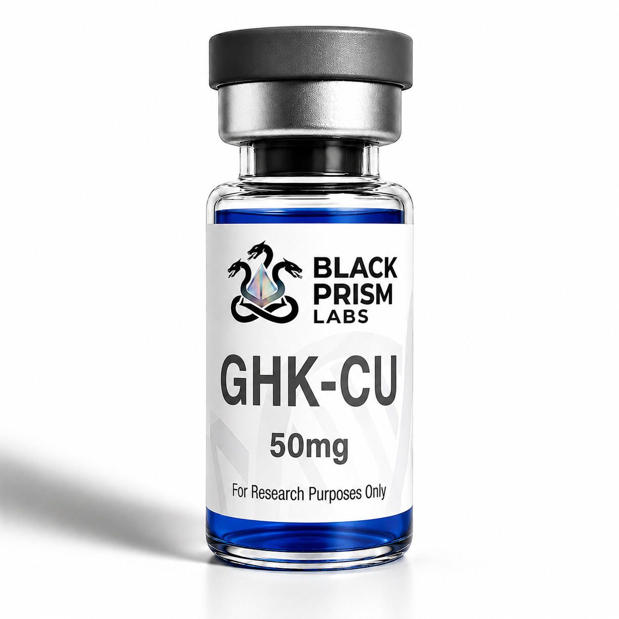 Glass vial with blue liquid and a white label reading 'GHK-CU 50mg' from Black Prism Labs, for research purposes only.