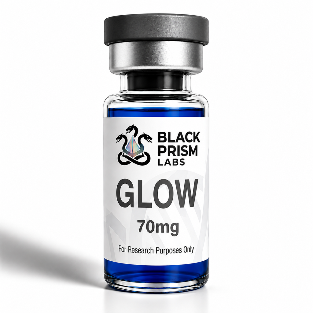 Blue glass vial with a silver cap and a white label: 'BLACK PRISM LABS' and 'GLOW 70mg' — For Research Purposes Only.