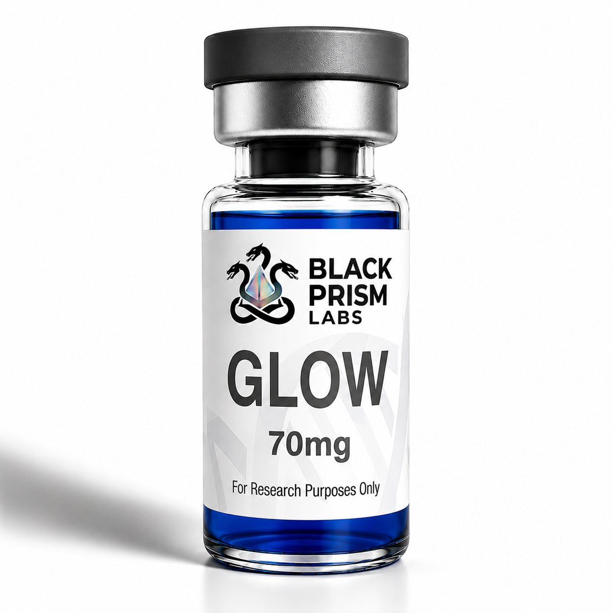 Blue glass vial with a silver cap and a white label: 'BLACK PRISM LABS' and 'GLOW 70mg' — For Research Purposes Only.
