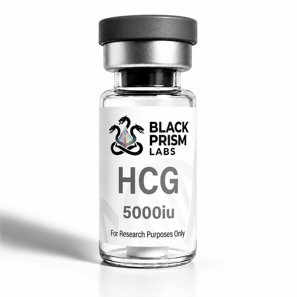 Glass vial labeled HCG 5000iu from Black Prism Labs, for research purposes only, with a dark gray cap on a white background.