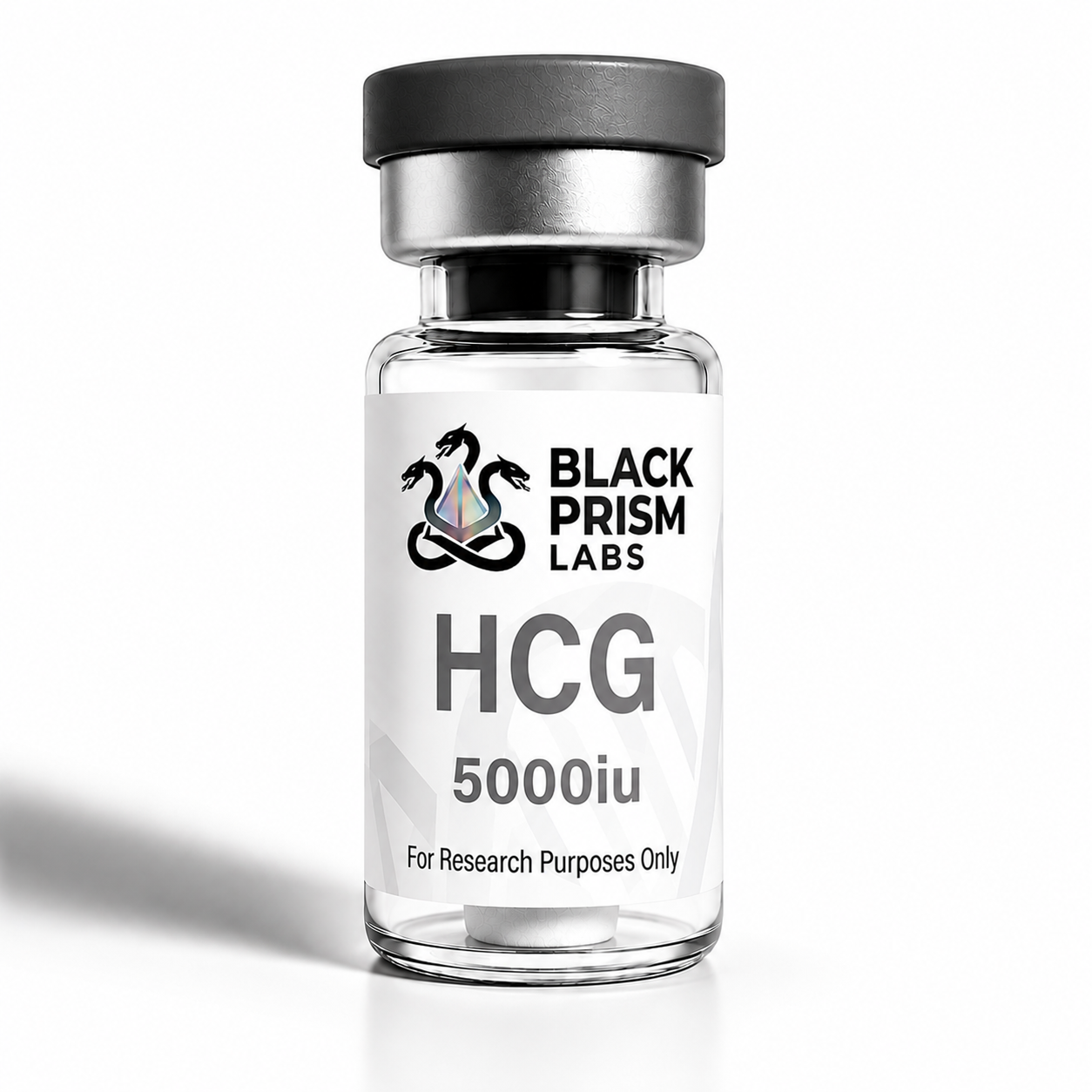 Glass vial labeled HCG 5000iu from Black Prism Labs, for research purposes only, with a dark gray cap on a white background.
