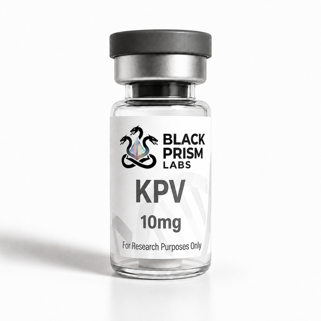 KVP10 - Black Prism labs Clear glass vial with a dark gray cap and a label that reads Black Prism Labs KPV 10 mg for research purposes only.