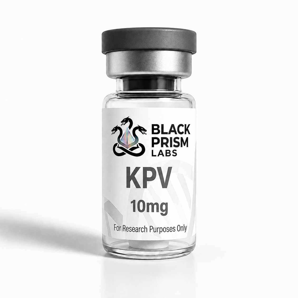 Clear glass vial with a dark gray cap and a label that reads Black Prism Labs KPV 10 mg for research purposes only.