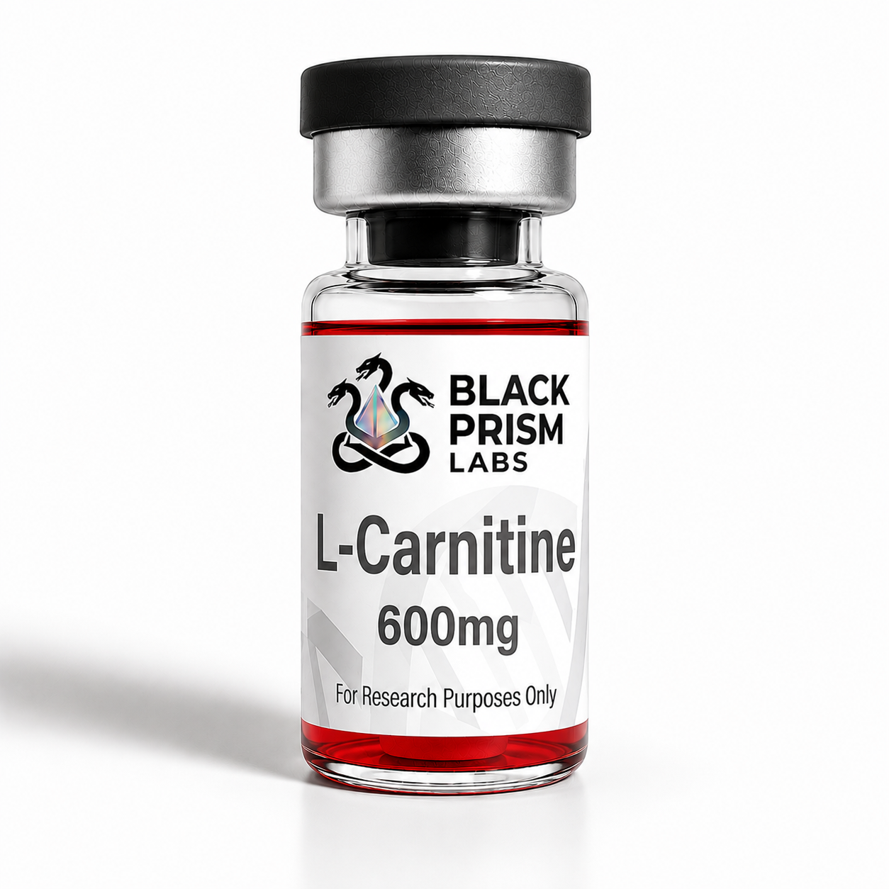 Bottle of Black Prism Labs L-Carnitine 600 mg with red liquid, labeled For Research Purposes Only