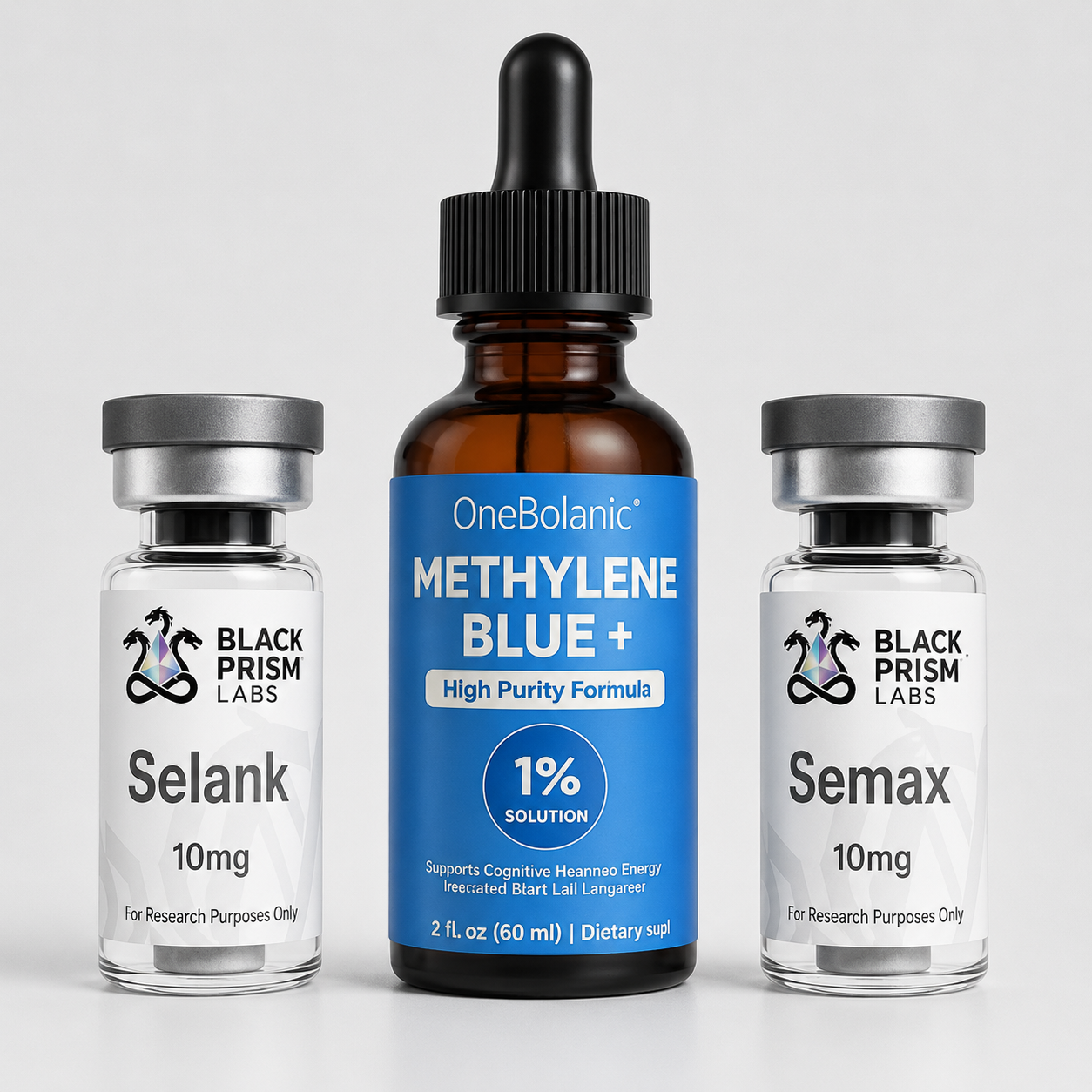 Center brown dropper bottle labeled 'OneBolanic Methylene Blue+ 1% solution' with a blue label, flanked by two clear vials labeled 'Selank' and 'Semax' (10 mg) from Black Prism Labs.