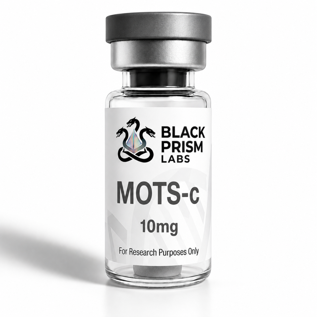 MOTS10 - Black Prism labs Clear glass bottle with a metallic cap labeled MOTS-c 10mg for research purposes only by Black Prism Labs.