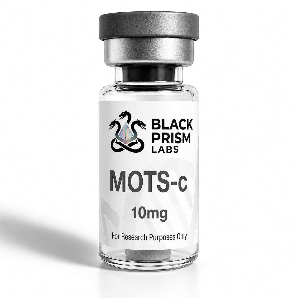 Clear glass bottle with a metallic cap labeled MOTS-c 10mg for research purposes only by Black Prism Labs.