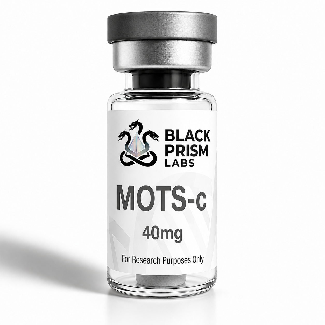 Research vial labeled MOTS-C 40mg from Black Prism Labs, for research purposes only.