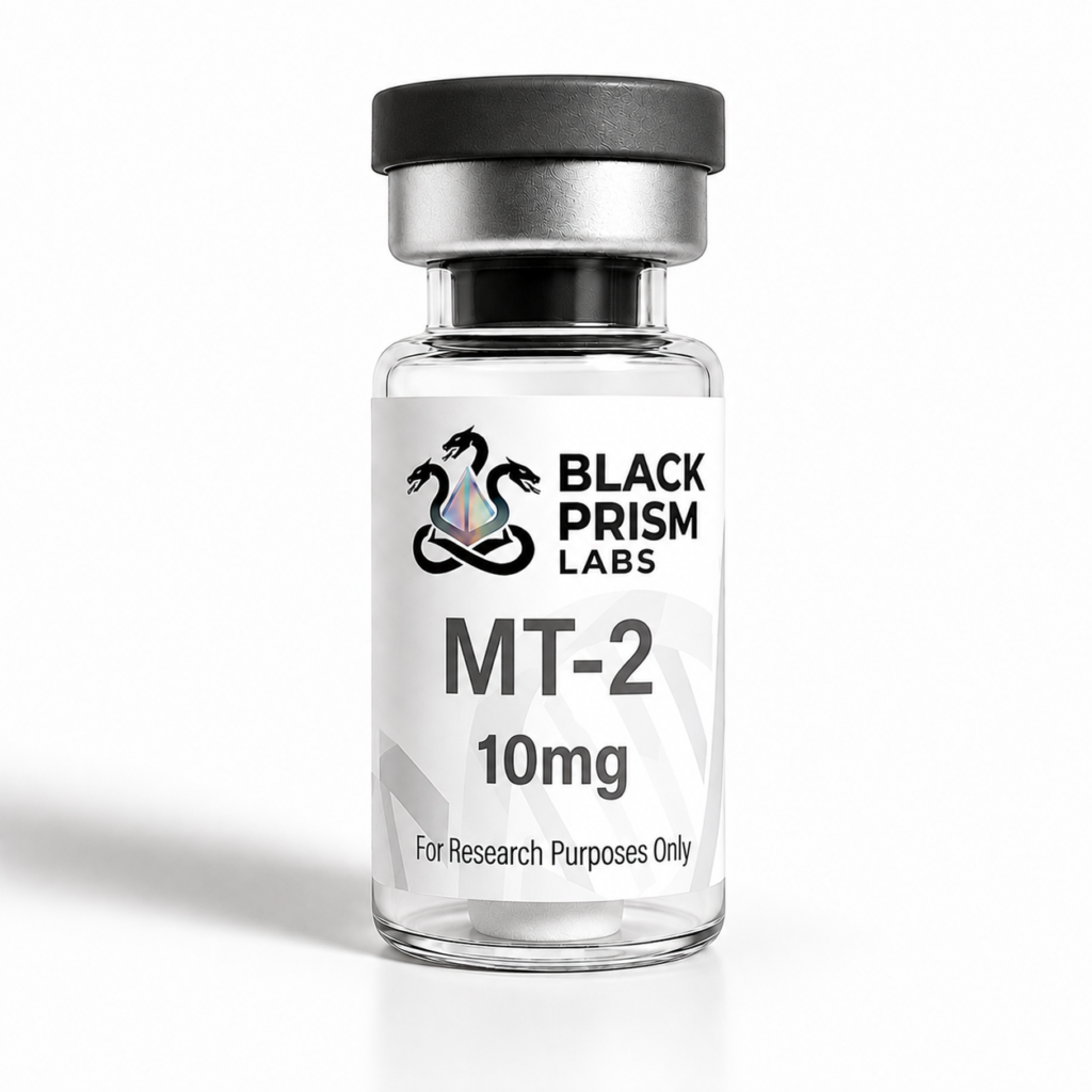 MT210 - Black Prism labs Clear glass vial with black cap labeled 'Black Prism Labs MT-2 10mg' for research purposes only.