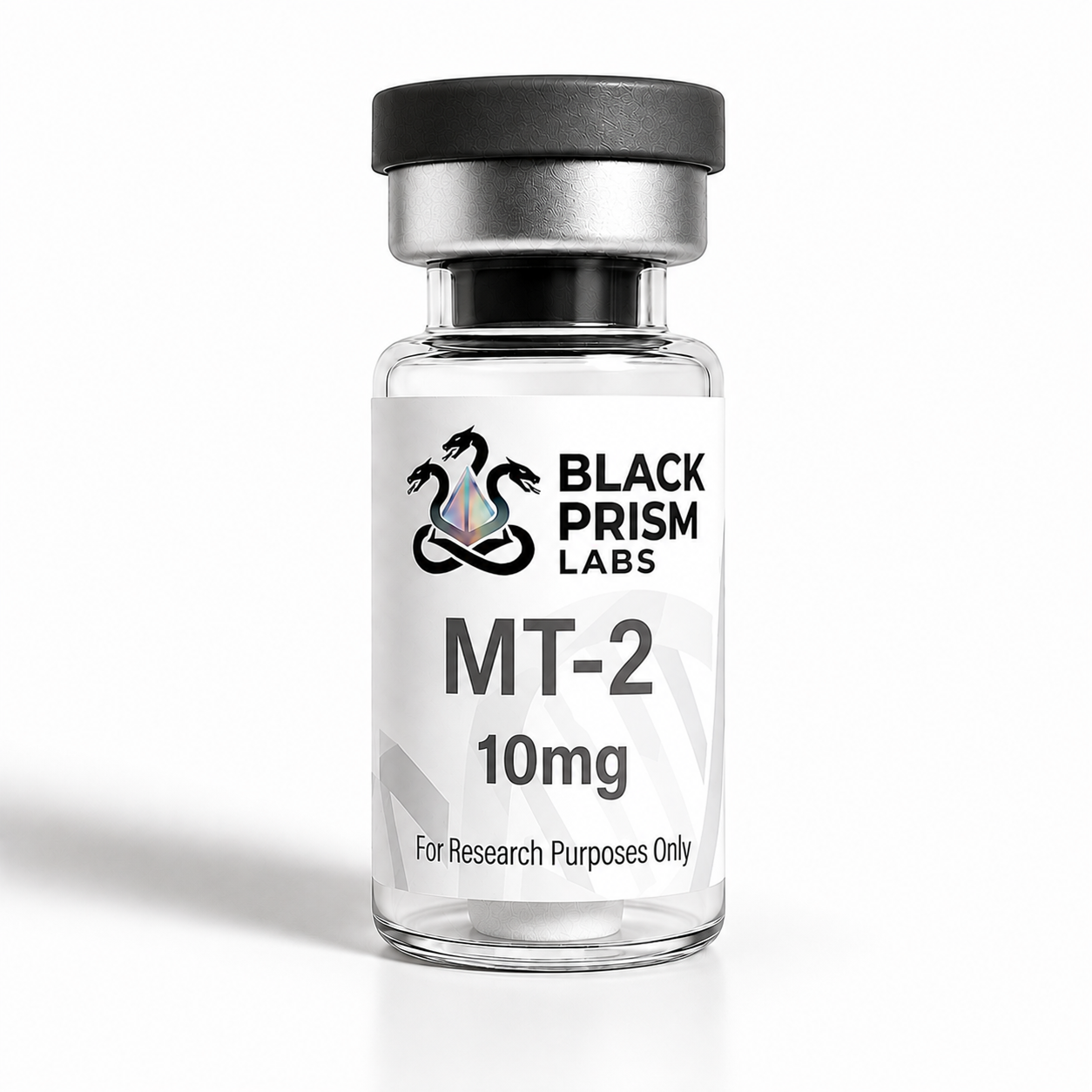Clear glass vial with black cap labeled 'Black Prism Labs MT-2 10mg' for research purposes only.