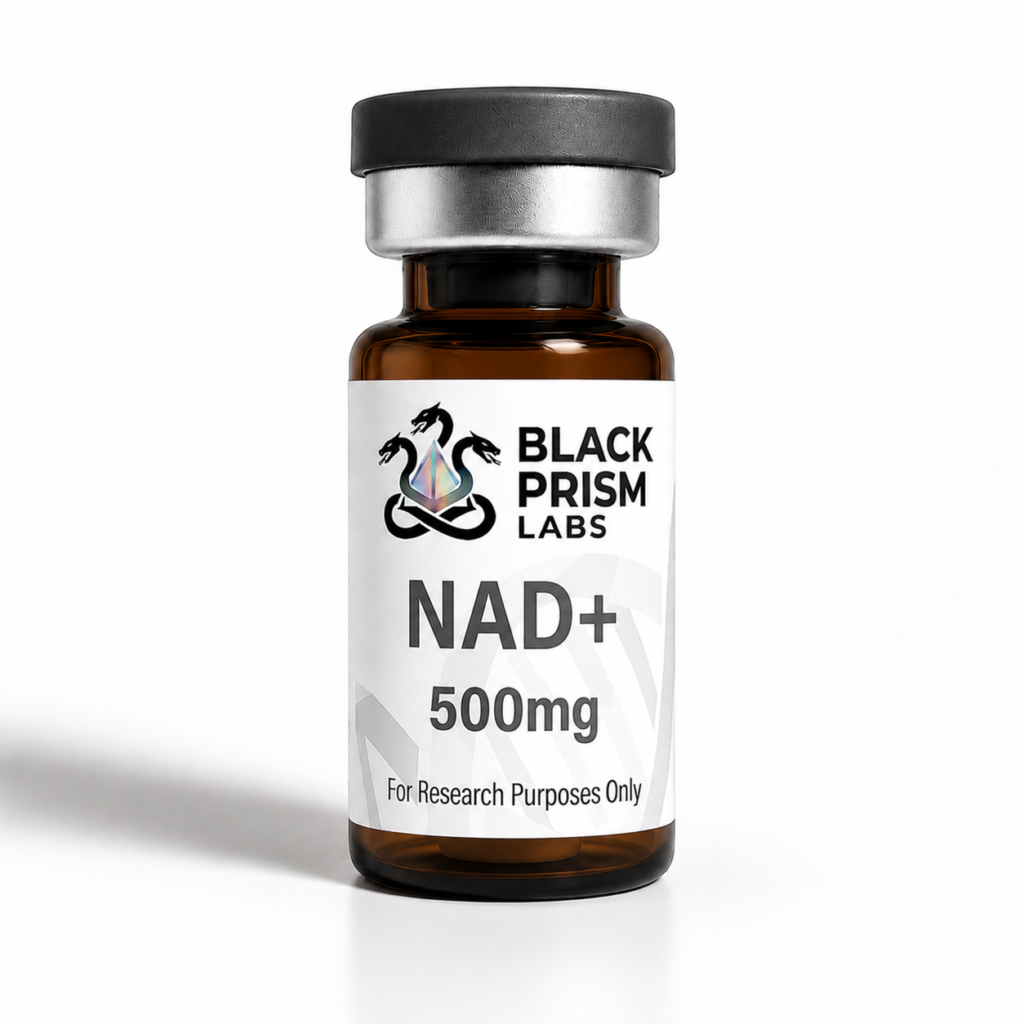 Brown glass NAD+ supplement bottle from Black Prism Labs, 500 mg, with 'For Research Purposes Only' label and silver cap.