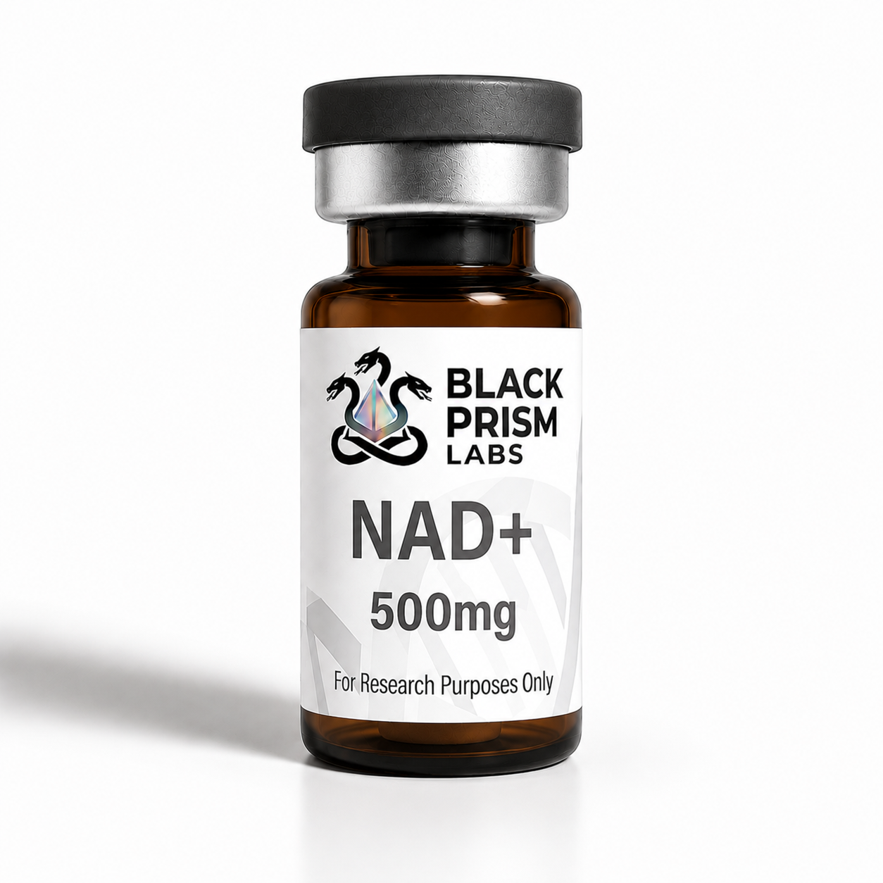 Brown glass NAD+ supplement bottle from Black Prism Labs, 500 mg, with 'For Research Purposes Only' label and silver cap.