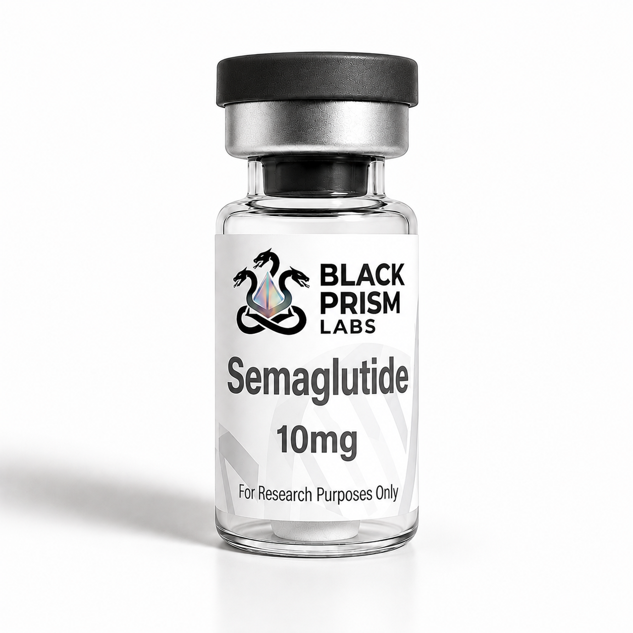 Glass vial with black cap labeled 'Semaglutide 10mg' from Black Prism Labs, for research purposes only