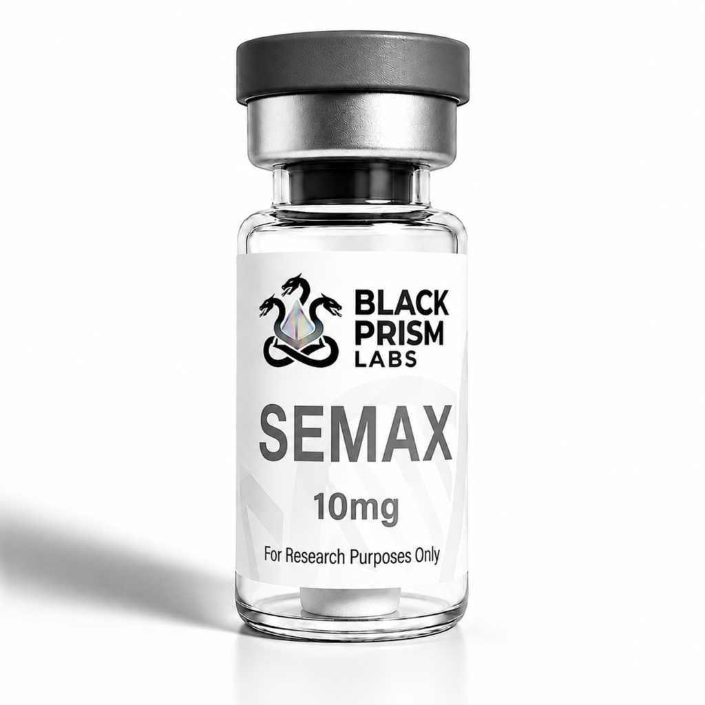SEMAX10 - Black Prism labs Clear glass vial with a silver cap, labeled Semax 10 mg from Black Prism Labs for research purposes only