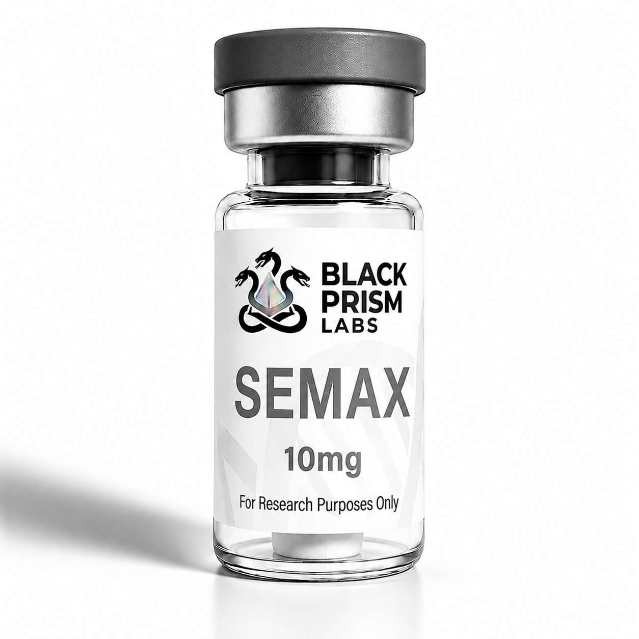 Clear glass vial with a silver cap, labeled Semax 10 mg from Black Prism Labs for research purposes only