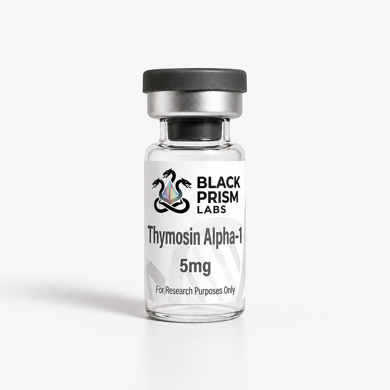 Glass vial with a black cap labeled Thymosin Alpha-1 5mg from Black Prism Labs; for research purposes only.