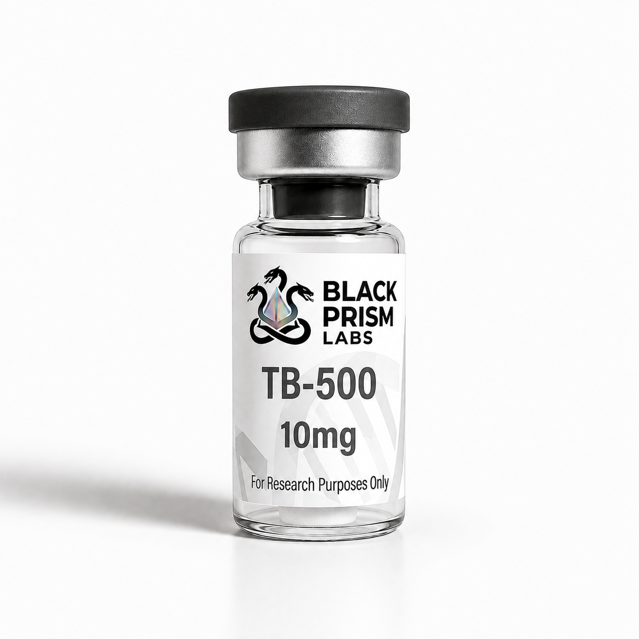 Clear glass vial labeled TB-500 10mg from Black Prism Labs, for research purposes only.