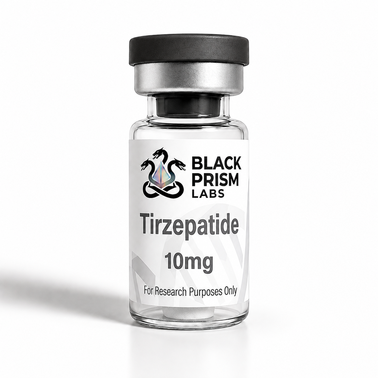 Glass vial with black cap labeled Tirzepatide 10mg, Black Prism Labs — for research purposes only.